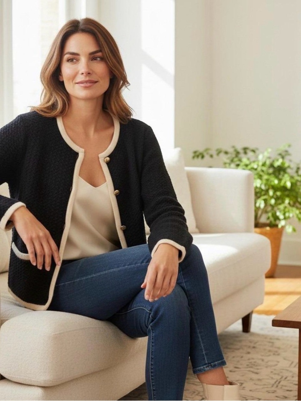 Abercrombie Black Knit Cardigan with Cream Trim - Women Sweater